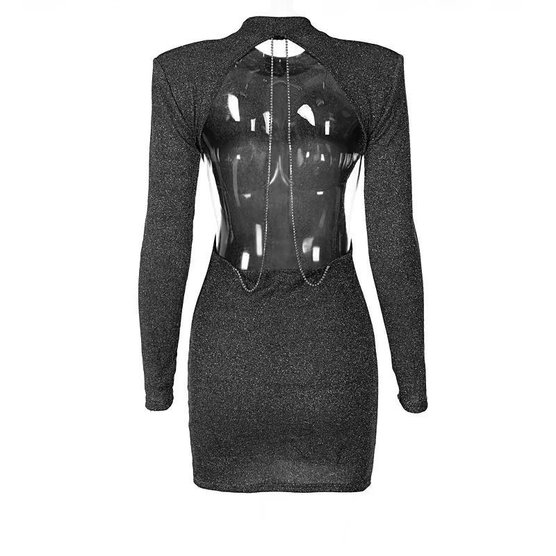 Twilight Glitz Twilight Glitz Sexy Backless Chain Glitter Party Dress for Women Clothes Elegant Outfits Autumn Long Sleeve Mini Dresses